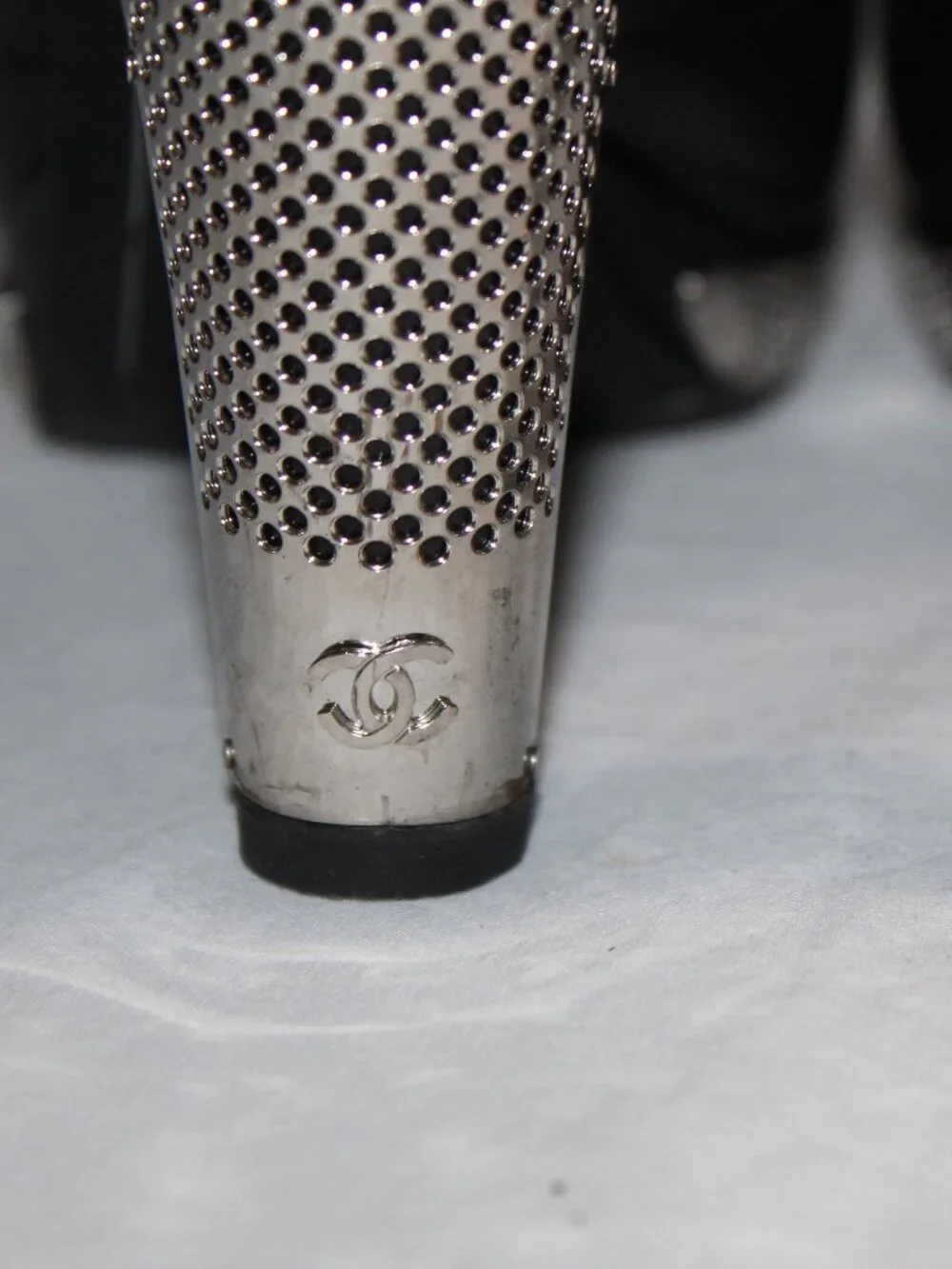 Chanel CC Logo Black Leather Metal Grille Platform Heeled Booties Pumps Boots 41